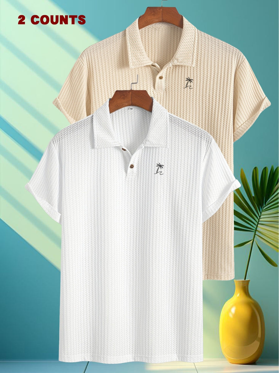 FM723 Palm Tree Print 2pcs Summer Men'S Textured Jacquard Short-Sleeved POLO Shirt Comfortable Casual Soft Knitted Lapel Daily Business Top Gift - White+Khaki