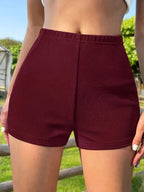 Women'S Solid Color Hollow High-Waist Shorts - Non-Sheer, All-Season Elegant Casual Wear, Suitable for Daily Wear, Office Commute, Home, Dates, Parties, Formal Attire | Fashion Women'S Mid-Length Shorts | Minimalist Style Trousers, Machine Washable - Deep Red