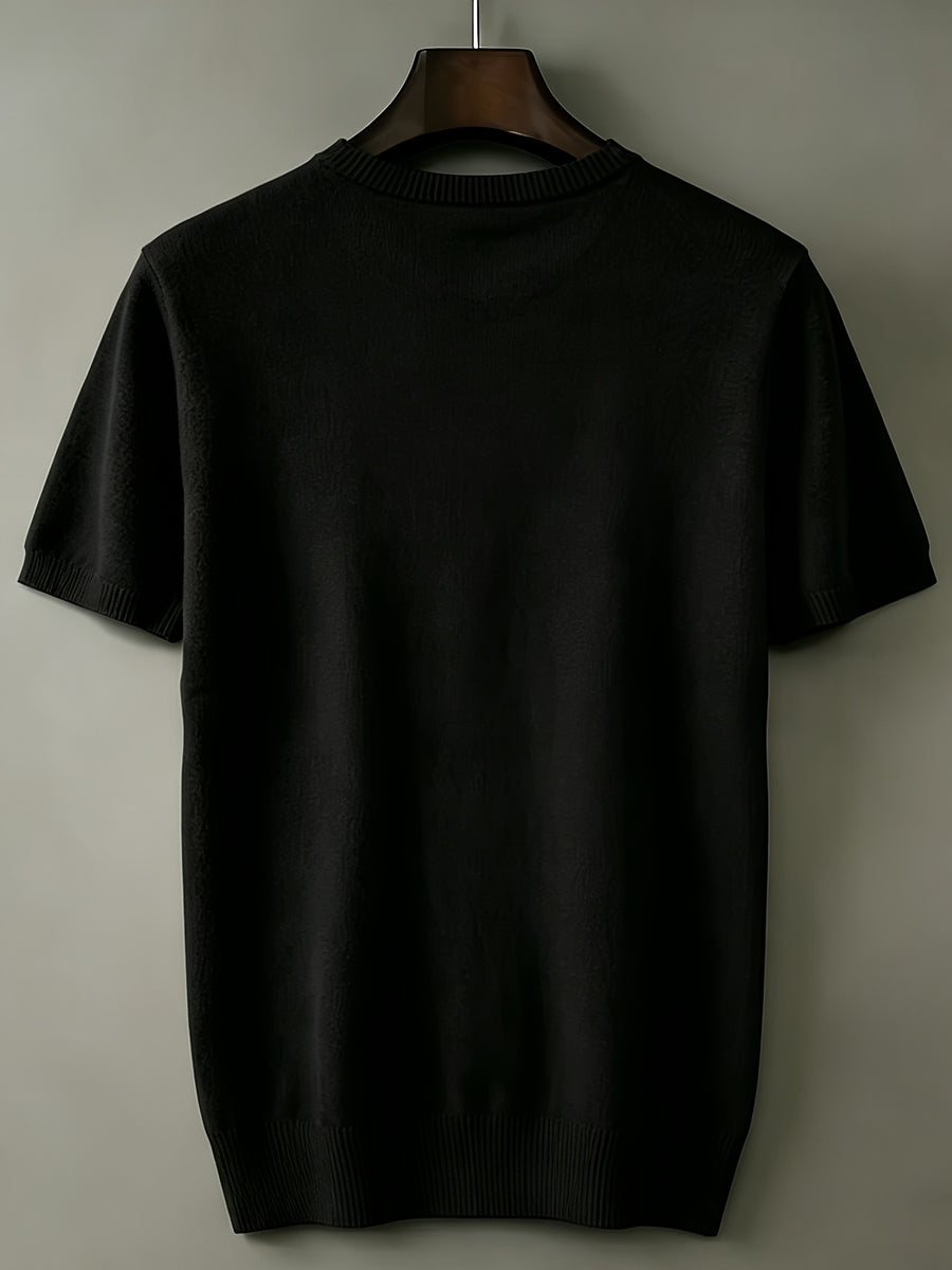 Men's Breathable Short Sleeve T-Shirt - Solid Color Round Neck Base Layer, Casual & Business Versatile Opaque Shirt, Machine Washable Suitable for Office Wear, Layering, Everyday Use - Black