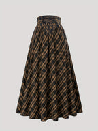 Plaid Vintage Midi Skirt for Women - Dark Brown