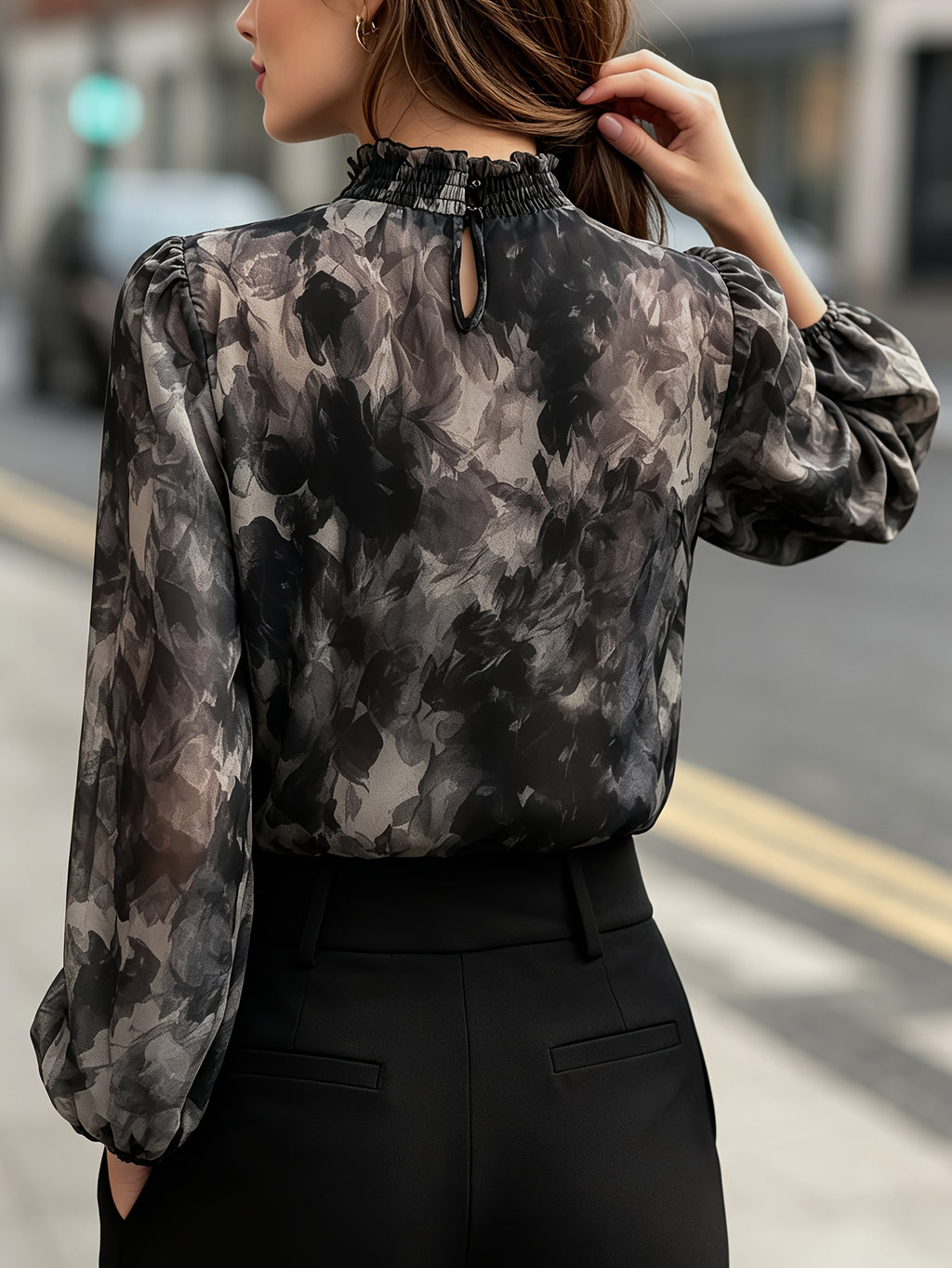 French Lazy Style Sumi Ink Print Chiffon Blouse, Shirred Stand Collar Lantern Sleeve Sheer Long Sleeve Top - Deep Grey