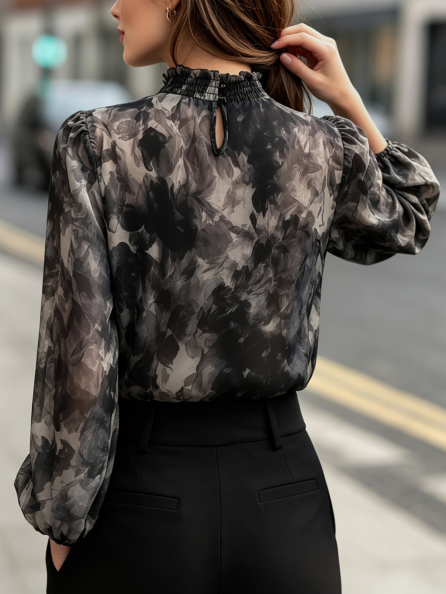 French Lazy Style Sumi Ink Print Chiffon Blouse, Shirred Stand Collar Lantern Sleeve Sheer Long Sleeve Top - Deep Grey