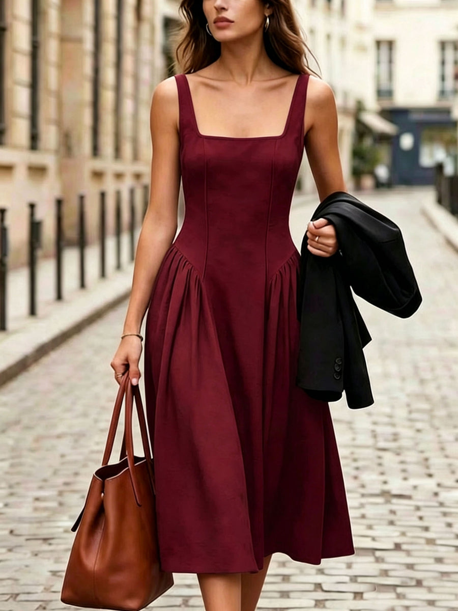 Fashionable Women's Sleeveless Puff-Style Solid Color Dress (Accessories Not Included) - New Spring/Summer Women's Clothing, Most Popular Korean Women's Apparel, Casual and Elegant Women's Dresses, Hot-Look Outfits, Women's Dresses, Women's Summer - Burgundy