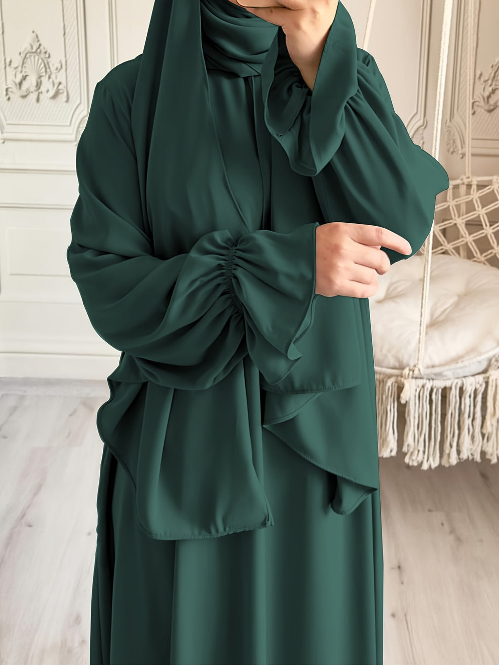 1pc Fashionable, Elegant and Casual One-piece Solid-colored Bellows Sleeve Suitable for Daily Wear. Loose and Comfortable Women's Abaya Robe.abayas for Women Muslim Kleider Damen Abaya for Women Stylish Khimar Ladies Abaya - Dark Green
