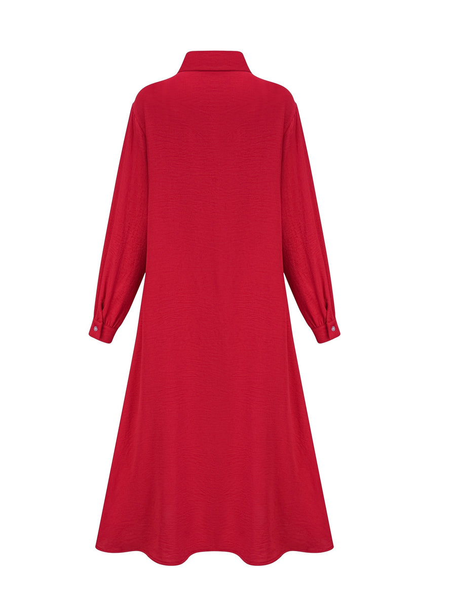 Fashion Women's Pocket Shirt Dress with Chest Gathering, Measured Bust at Back - Red