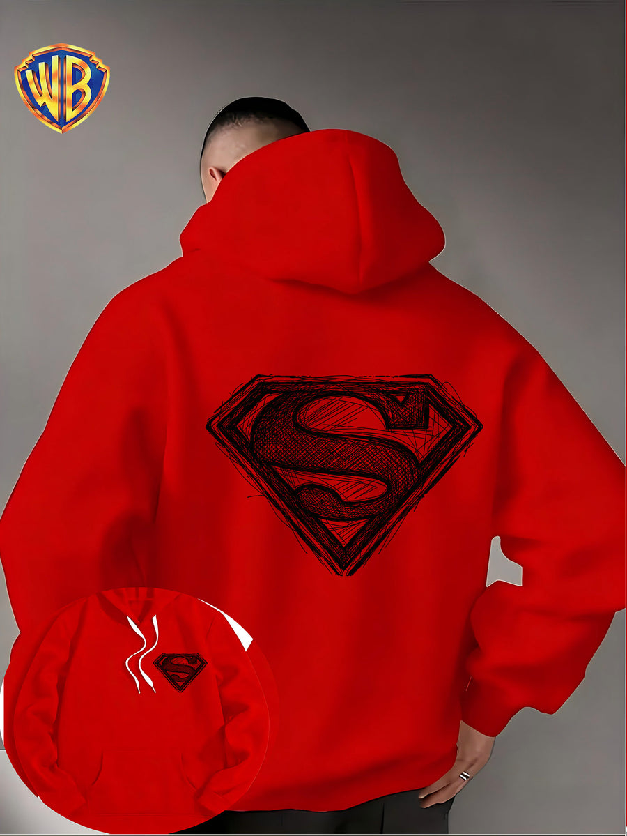Warner Bros. Superman Sketch Print Hooded Sweatshirt, Men's Loose Fit Casual Top, Versatile and Comfortable Autumn/Winter Sweatshirt - Red