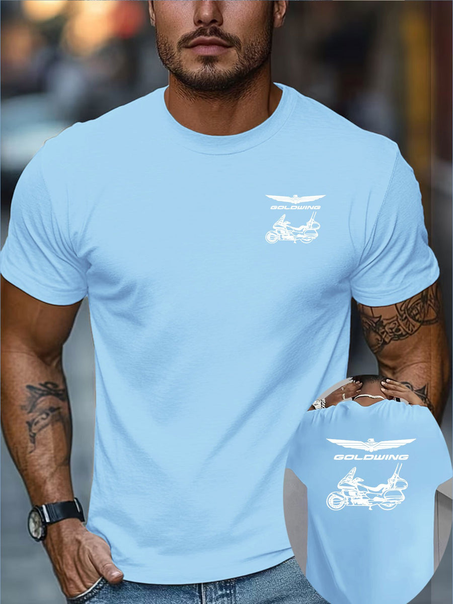 Creative Double-Sided Print Pattern Men'S Short Sleeve T-Shirt, Goldwing Motorcycle Silhouette Print T-Shirt, Motorcycle Culture, Easy, Men'S Fashion Trendy Short Sleeve, Suitable for Daily Casual And Outdoor Sports Fitness - Sky Blue