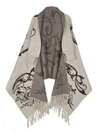 Pure Body Bust" Elegant Special Edition - 1pc Autumn/Winter New Arrival Women's Cardigan, Chinese Style Jacquard Color-Block Thickened Warm Windproof Batwing Sleeve Open Front Knitwear, Women's Elegant, Fashionable, and Versatile Fringe Shawl Sweater - Beige Gray