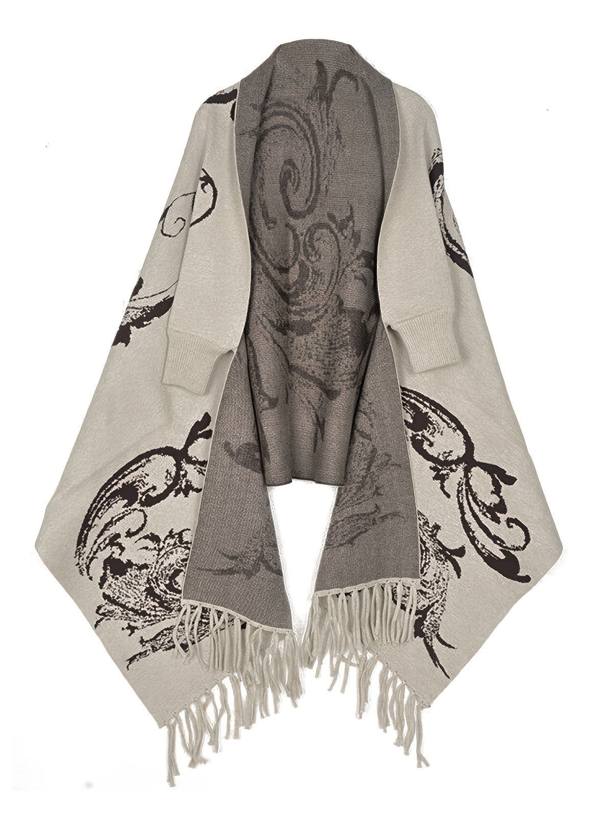 Pure Body Bust" Elegant Special Edition - 1pc Autumn/Winter New Arrival Women's Cardigan, Chinese Style Jacquard Color-Block Thickened Warm Windproof Batwing Sleeve Open Front Knitwear, Women's Elegant, Fashionable, and Versatile Fringe Shawl Sweater - Beige Gray