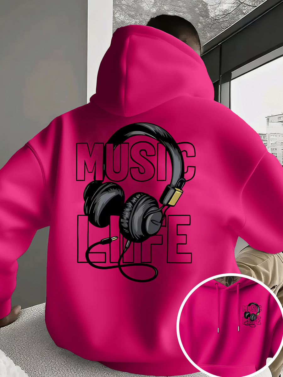 Men's New Trendy Hoodie, Casual Daily Drawstring Hooded Sweatshirt with MUSIC Print, Headphones, Front Kangaroo Pocket, Men's Top - Rose Red
