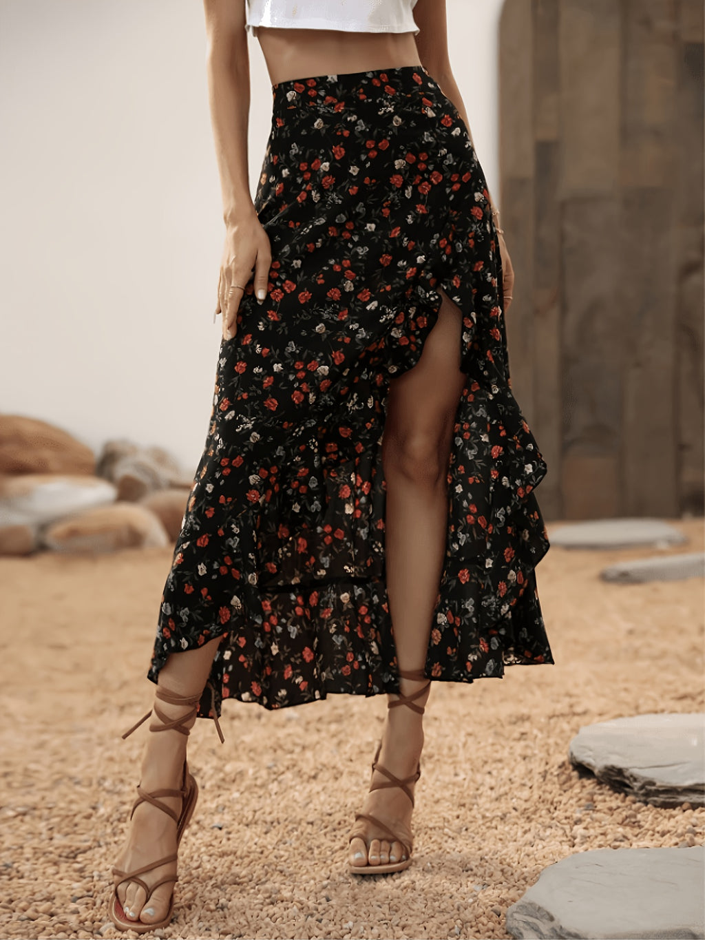 AK260309036 Women's Small Floral Print Ruffle Hem Asymmetrical Hem Skirt, Bohemian Ruffle Hem, Thigh-Split Long Regular Fit High-Waist Black Small Floral Print Skirt for Women, Spring/Summer, Casual Daily Wear Long Vacation Beach Skirt - Black