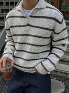 Contrast Color Basic Knit Shirt, Black and Gray Striped Lapel Men's Polo Sweater, Fashionable Casual Top, Suitable for Autumn/Winter - Black And Gray Stripes