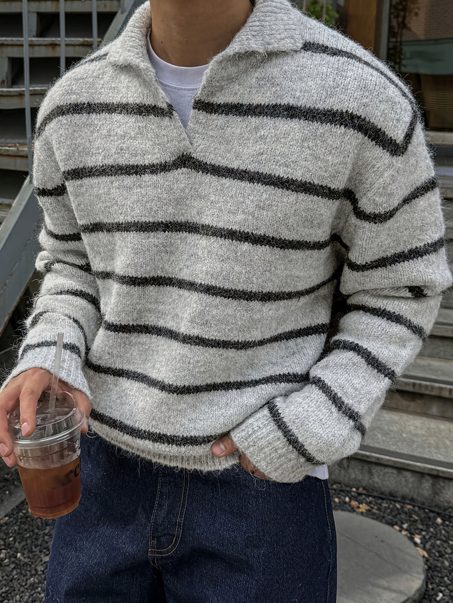 Contrast Color Basic Knit Shirt, Black and Gray Striped Lapel Men's Polo Sweater, Fashionable Casual Top, Suitable for Autumn/Winter - Black And Gray Stripes