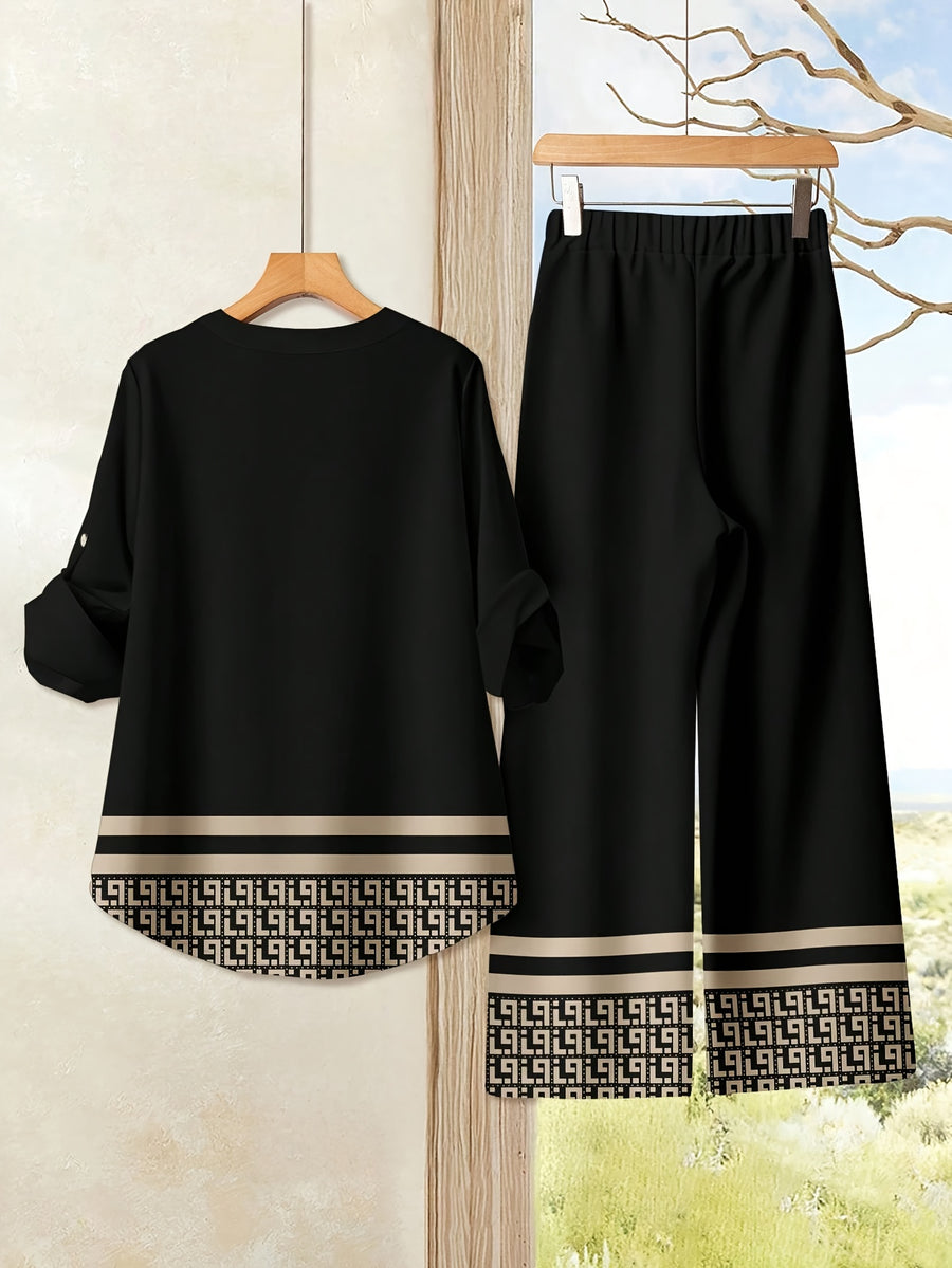 Gavin's Targeted Development of Hot-Selling New European and American Women's Fashion: V-Neck Long-Sleeve Printed Striped Shirt and Printed Pants Set - Black