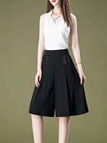 Button Decorated Wide-Leg Pants - Black