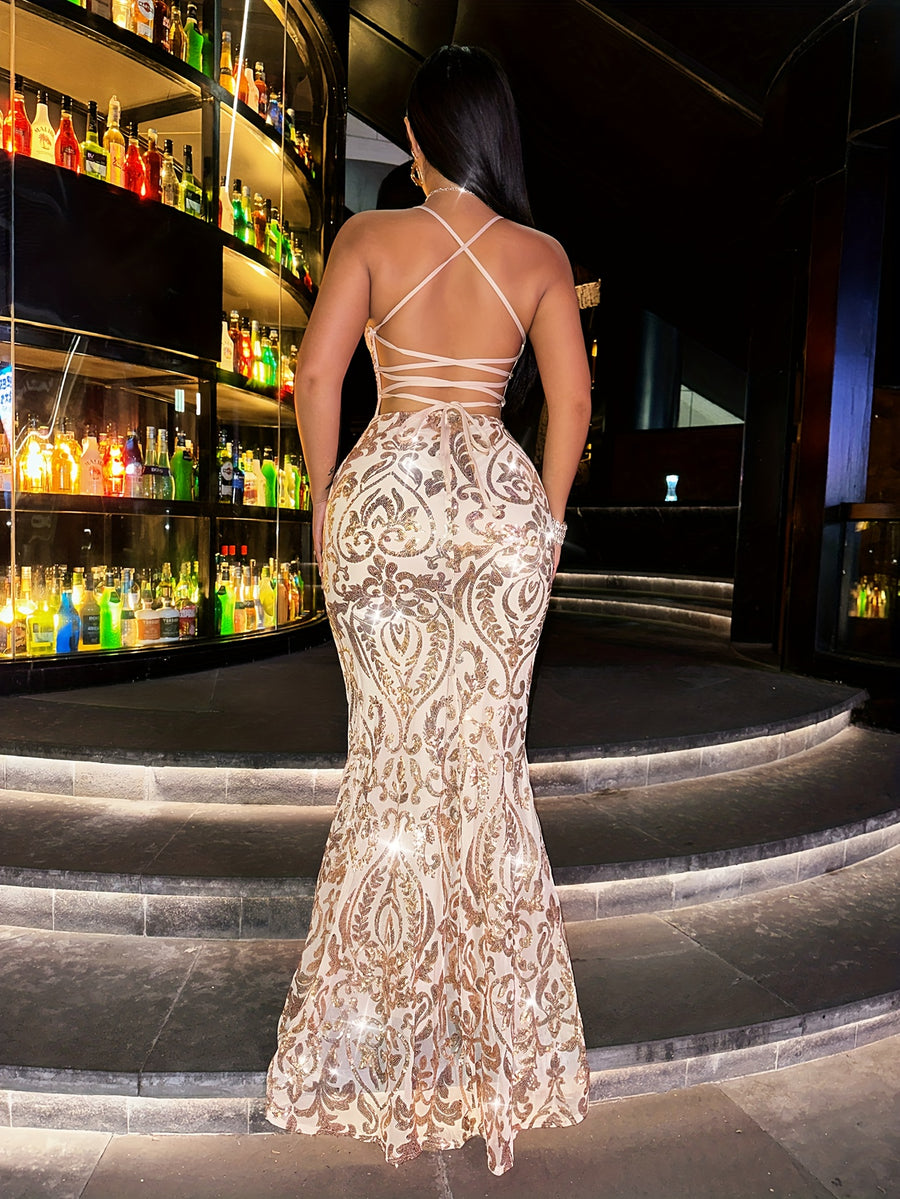 New Sequin Women'S Long Dress Gorgeous Elegant Prom Party Dress Slim High Waist Women'S Long Dress Off-Shoulder Backless Slit Evening Dress Wedding Dress Wedding Guest Outfit Music Festival - Champagne