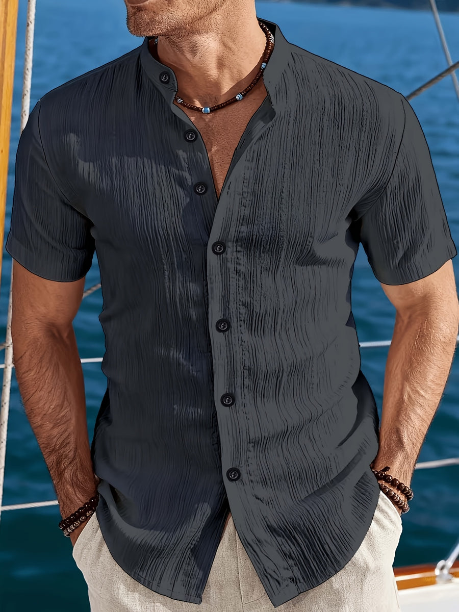 Henley Shirt 2026 Spring/Summer Men's New Apparel Men's T-Shirt Henley Shirt Stand Collar Shirt - Product, Casual Fashion Unique Design, Plaid Button- Textured Shirt, Suitable for Pool, Outdoor Vacation, Travel, Seaside Beachwear, 1pc Outfit - Grey
