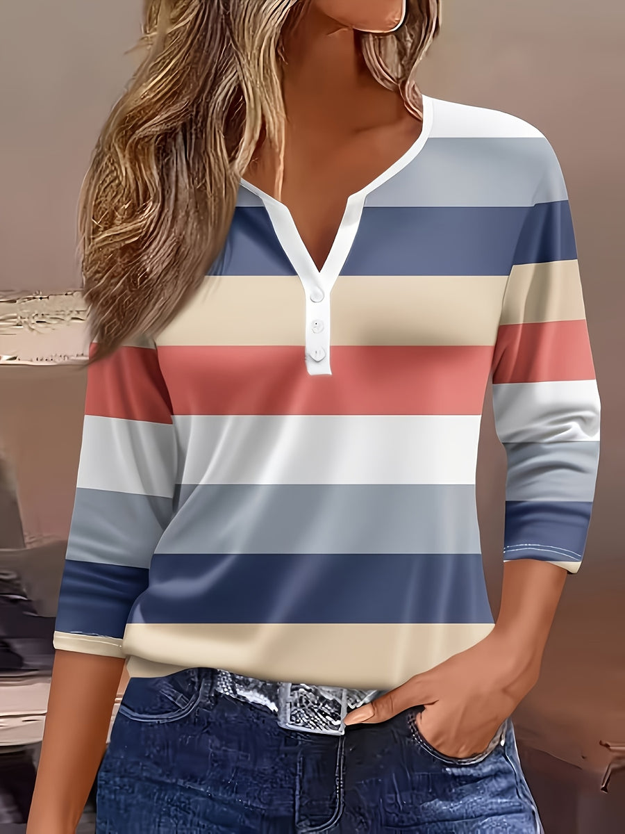 Women's Fashion New Spring/Summer Striped Print V-Neck Button-Up Three-Quarter Sleeve Loose Fit Casual Top Base Tee, Comfortable and Stylish - Suitable for Daily Wear and Home - Blue Mixed Yellow