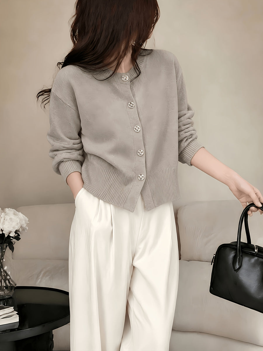 Cozy Women's Cardigan with Floral Button Accents, Soft Stylish Cardigan for Casual Daily Wear - Grey