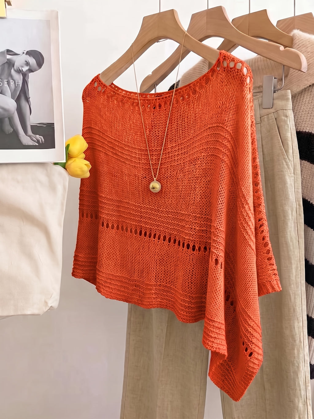 Women's Hollow-Out Cape Top, Boat Neck Irregular Hem Summer Beach Cover-Up, Seaside Bohemian Vacation Style Casual Top, Lightweight Breathable Loose Knitwear, Mesh Detail Horizontal Stripes, Relaxed Layering Style, Suitable for Holidays, Daily Wear - Coral