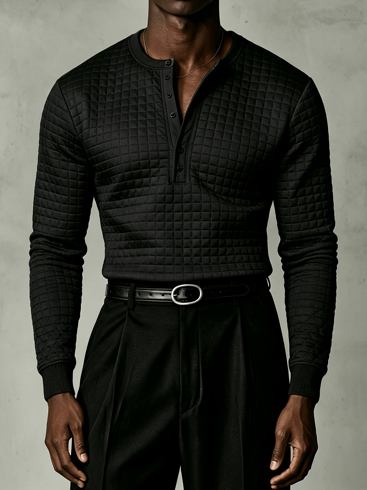 Joshmei OBM New Men's Checkered Embossed Texture Henley Long-Sleeve Shirt, Half-Button Placket Textured Minimalist Casual Top, Autumn/Winter Slim Fit for Daily Commute and Streetwear, Multiple Colors Available - Black