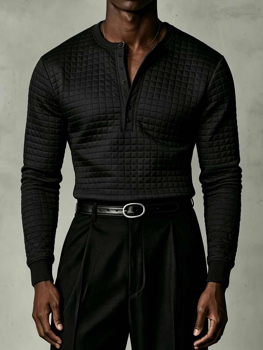 Joshmei OBM New Men's Checkered Embossed Texture Henley Long-Sleeve Shirt, Half-Button Placket Textured Minimalist Casual Top, Autumn/Winter Slim Fit for Daily Commute and Streetwear, Multiple Colors Available - Black