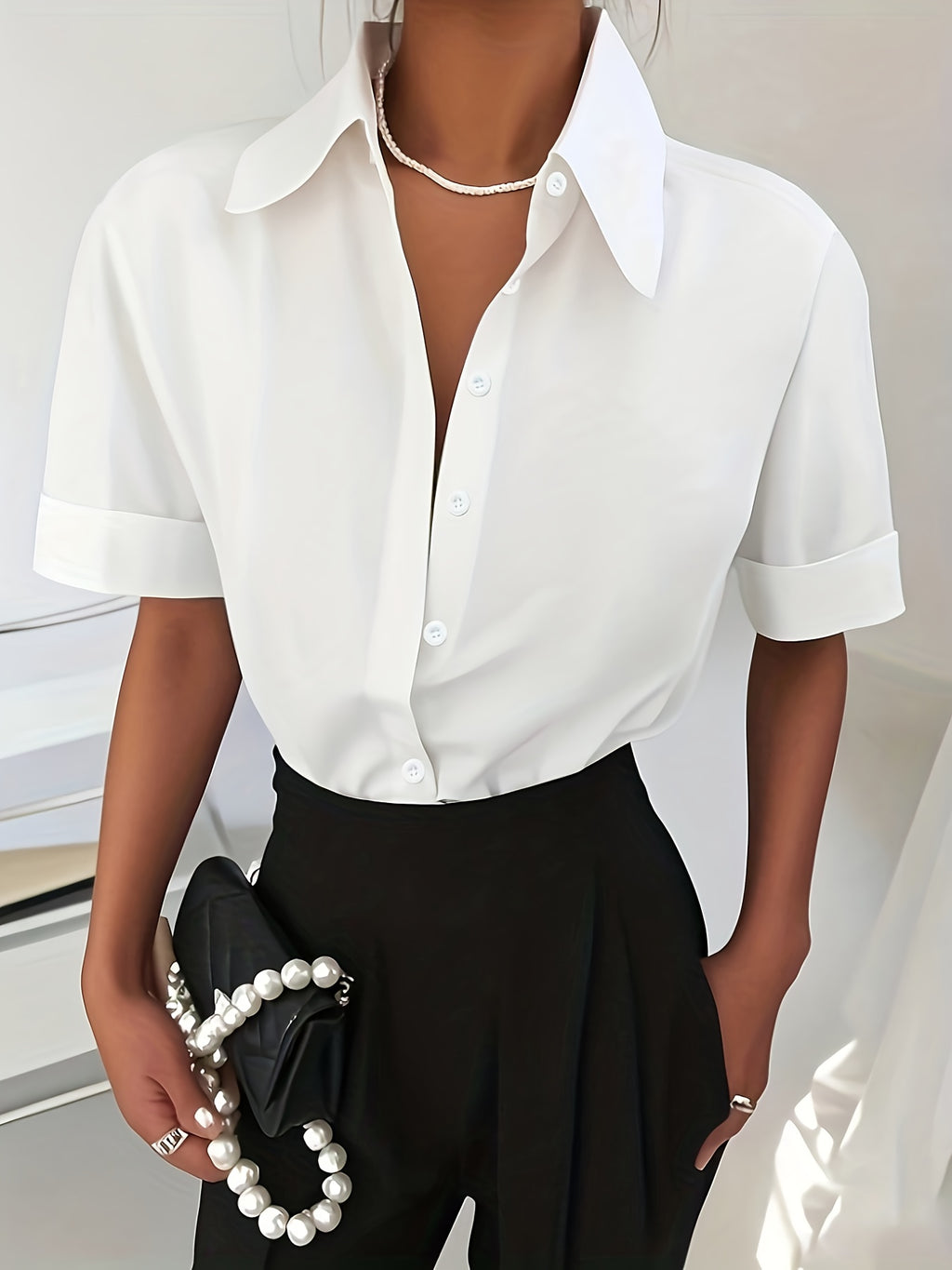 Women's Solid Color Elegant Neckline Short Sleeve Shirt - White