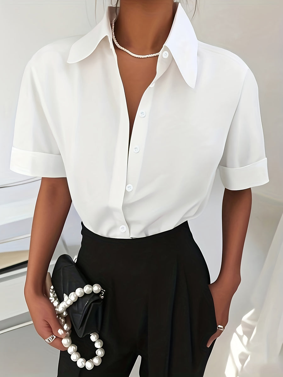 Women's Solid Color Elegant Neckline Short Sleeve Shirt - White