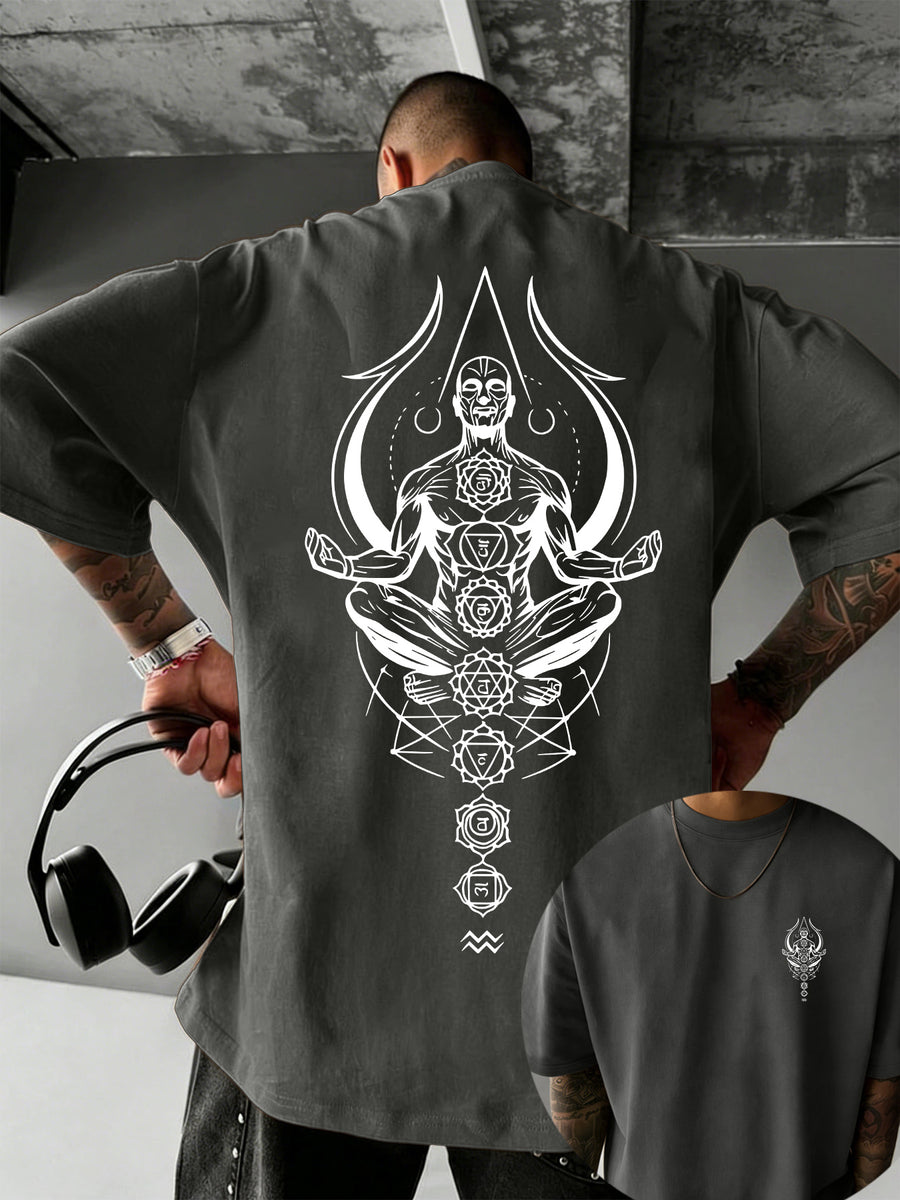 Men's 100% Pure Cotton T-Shirt, Zen Chakra Print, Breathable and Soft, for All Seasons, Casual Daily Commute - Dark Gray