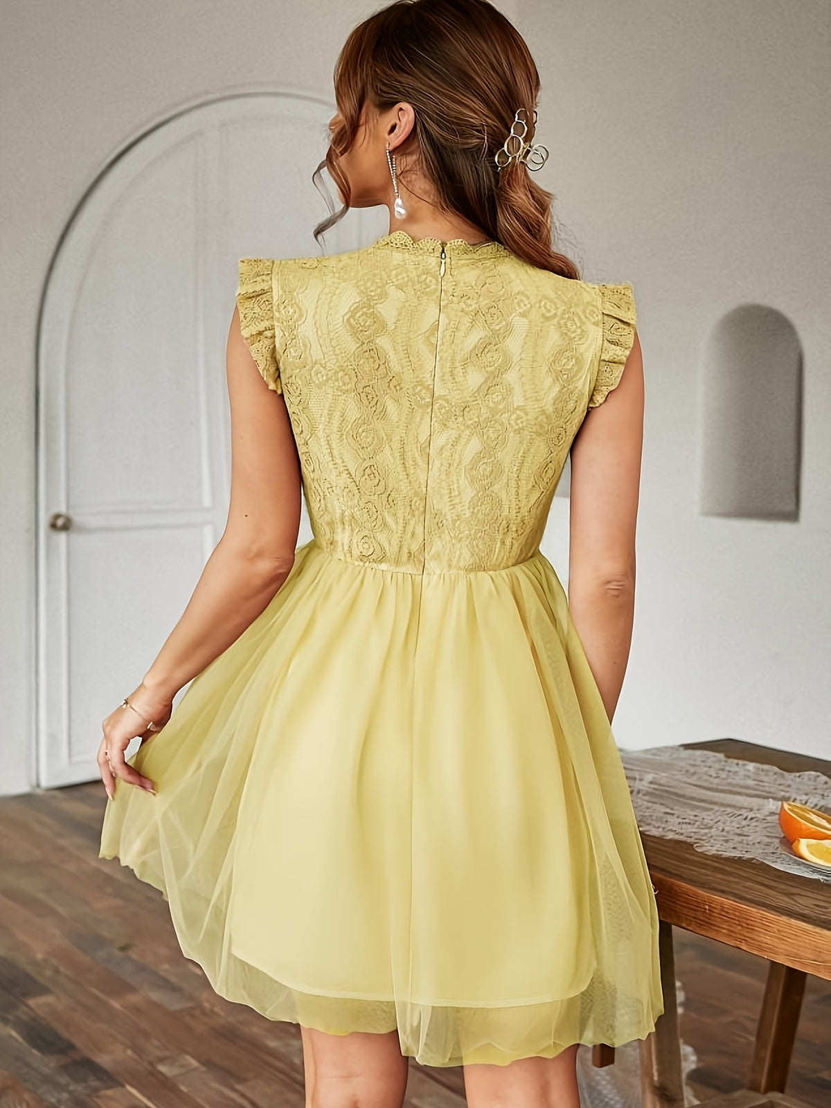 SOLLINARRY Women's Elegant Lace Patchwork Mini Skirt Dress - Nude Pink A-Line Flared Hem with Flutter Sleeves & Stand Collar, Waist-Cinching Short Wedding Bridesmaid Party Dress Suitable for Weddings, Prom, Special Occasions - 【Light Yellow】