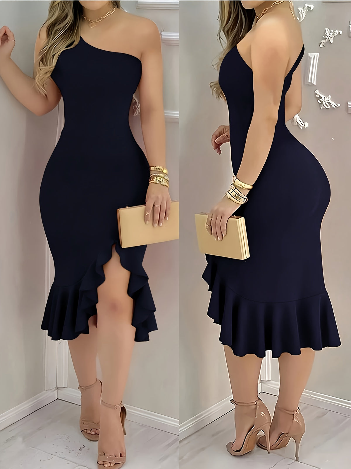 Women's Elegant Slim-Fit Asymmetrical Neckline Midi Dress with Ruffle Hem, Solid Color Simple Fashion Style, Beautiful Dress for Festivals, Commuting, Outings, and Parties - Navy Color