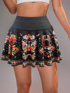 Women's Adult Fashion Summer Y Style Training Outfit Wear Floral Print Skort with Phone Pocket - Black