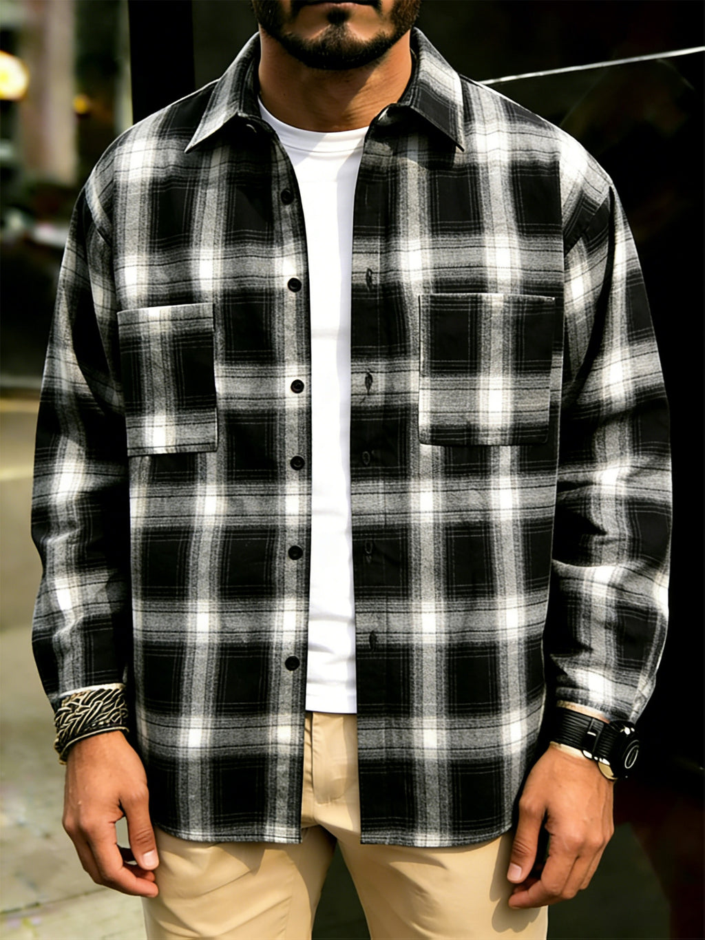 Men'S Casual Plaid Long Sleeve Shirt, Lapel Collar, Open Placket with Button Closure, Fashionable Double Pockets, Lightweight Breathable Fabric, Classic Checkered Pattern, Suitable for Spring Summer Daily Outing, Vacation, Camping, Commuting - Black And White Grid