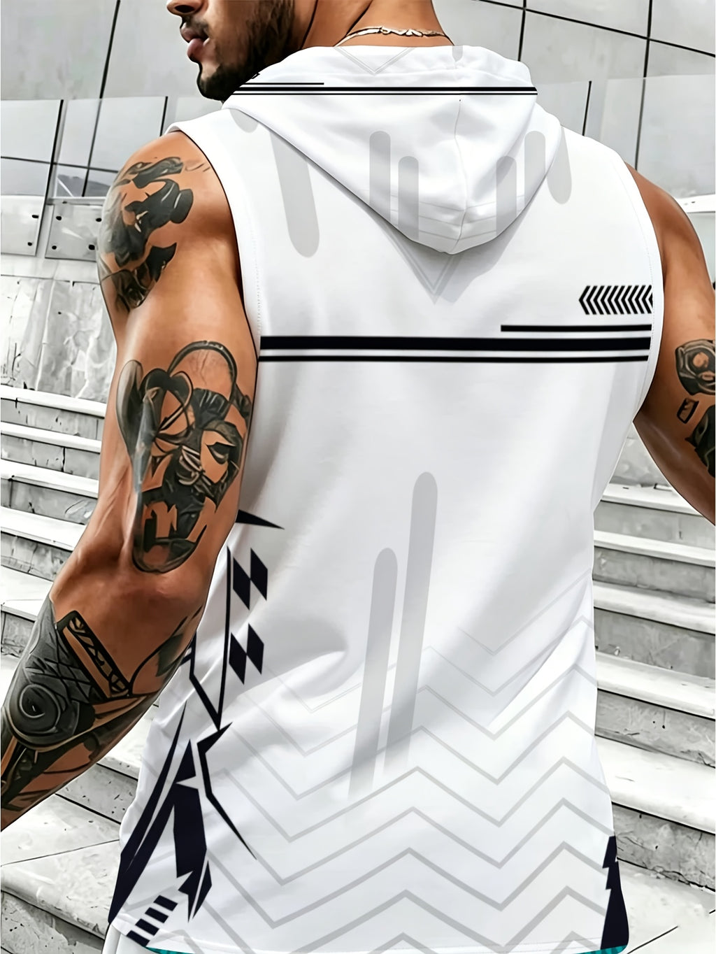 Men's Sports Hooded Sleeveless Top with Stylish Black and White Pattern Design Breathable and Comfortable Suitable for Fitness Training Daily Wear Trendy Personality Sports Clothing - Mixed colors