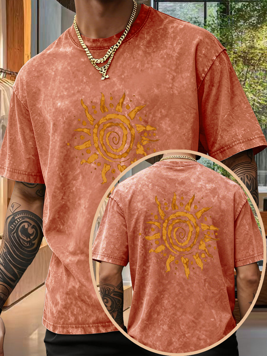 Men's Short-Sleeve T-Shirt, Pure Loose Fit Top, Trendy Reversible Double-Sided Swirl Sun Print, 12 Colors for  Mix & Match, Washed Distressed American Street Style, Versatile for Daily Outings, Streetwear, Sports, Fitness, and Commuting - Orange