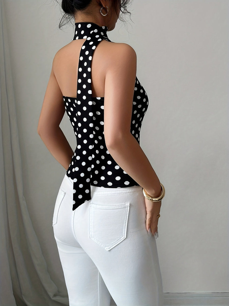 ZJ1031014 Women's Polka Dot Top with Printed Cut-Out Design, Elegant and Slim Fit - Black And White Dots