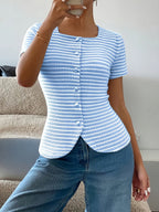 Women's Square-neckline Open-front Shirt with Textured Horizontal Stripes, a Cinched-waist Slim-fit Top Suitable for Commuting, Casual Wear, Vacation Outfits, Minimalist, and Vintage-style Office Attire - Sky Blue