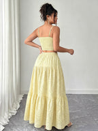 Two-Piece Embroidered Maxi Dress, Bohemian Style with Layered Ruffle Hem. Perfect for Dates, Vacations, Picnics, And Beach Outings. Comfortable And Versatile Women'S Dress - 【Light Yellow】
