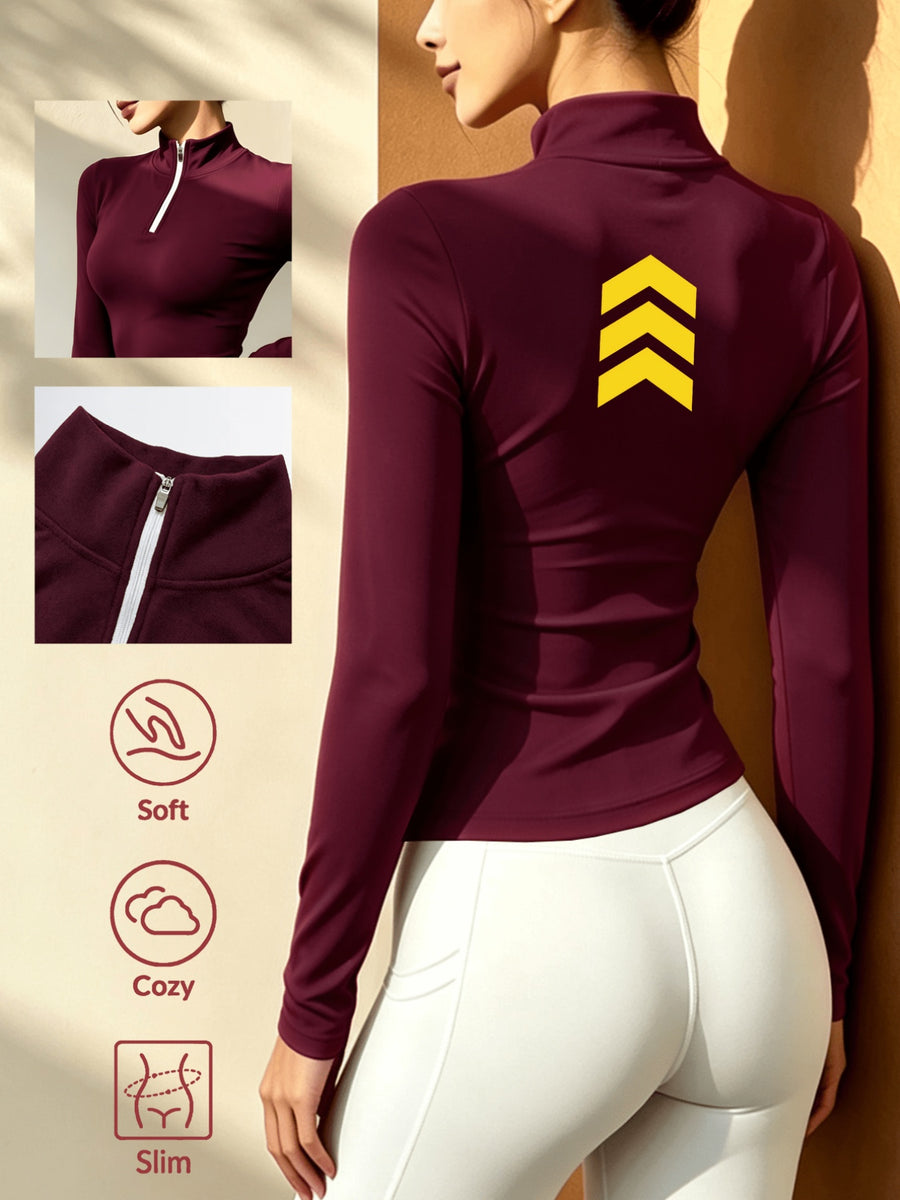Autumn Winter Women'S Solid Color Semi-High Neck Long Sleeve Base Layer, Half-Zip Tight Top, Outdoor Warm Layering Top - Burgundy