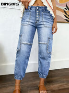 New Women's Stretch Jeans, Washed Blue Multi-Pocket Denim Pants, Loose and Comfortable Button-Front Cargo Overalls, Casual Style Women's Apparel, Comfortable Denim Fabric Pants Suitable for All Seasons - Light Blue