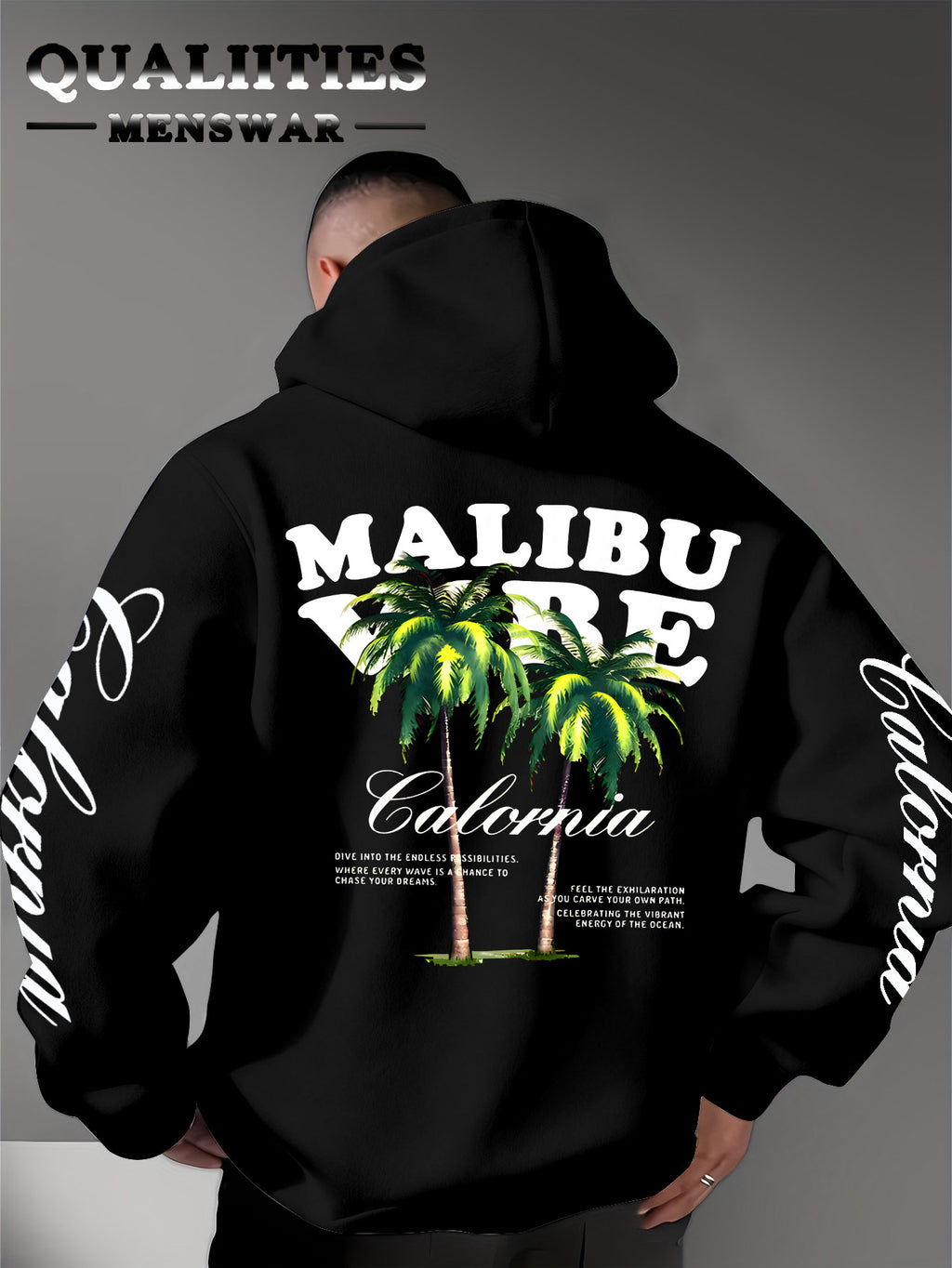 Men'S Casual Stylish Quality Hoodie Featuring The MALIBU VIBE Design with Two Palm Trees, Embodying The American California Beach Vibe Filled with Sunshine, Freedom, Knit - Black