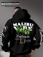 Men'S Casual Stylish Quality Hoodie Featuring The MALIBU VIBE Design with Two Palm Trees, Embodying The American California Beach Vibe Filled with Sunshine, Freedom, Knit - Black