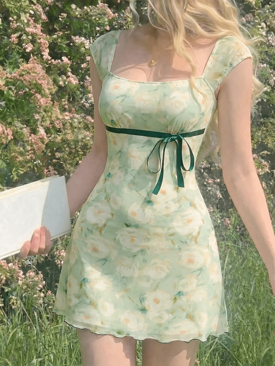 Square Neck Dress, Summer Pure Desire Style Bow Waist Cinching Short Bodycon Skirt, Sweet Style Printed Dress, Summer Date Ribbon Bow Waist Cinching Mesh Mini Skirt, Suitable for Birthday Parties, Weekend Parties, and Vacation Outings - Light Green