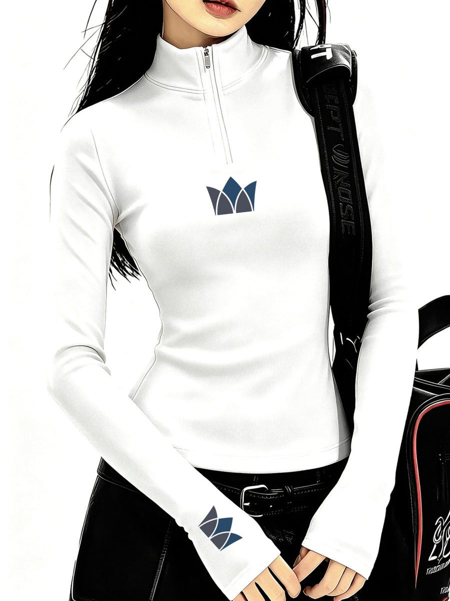 Women's Elegant Half-high Collar Zip-up Long-sleeve Shirt, Mid-stretch Fabric Top, an Essential for Layering in Autumn and Winter for Warmth - White