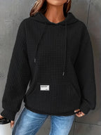 Women's Autumn/Winter Waffle Hooded Long-Sleeve Solid Color Sweatshirt - Black
