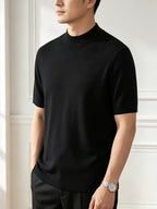 Men'S Solid Mock Neck Short Sleeve Knit Sweater, Soft Skin-Friendly Wool Blend Pullover, Stretch Slim Fit Basic Knit Top, Rib Neck Cuff, Business Commute Daily Casual Shirt, Versatile Inner And Outer Wear Men Base Layer - Black