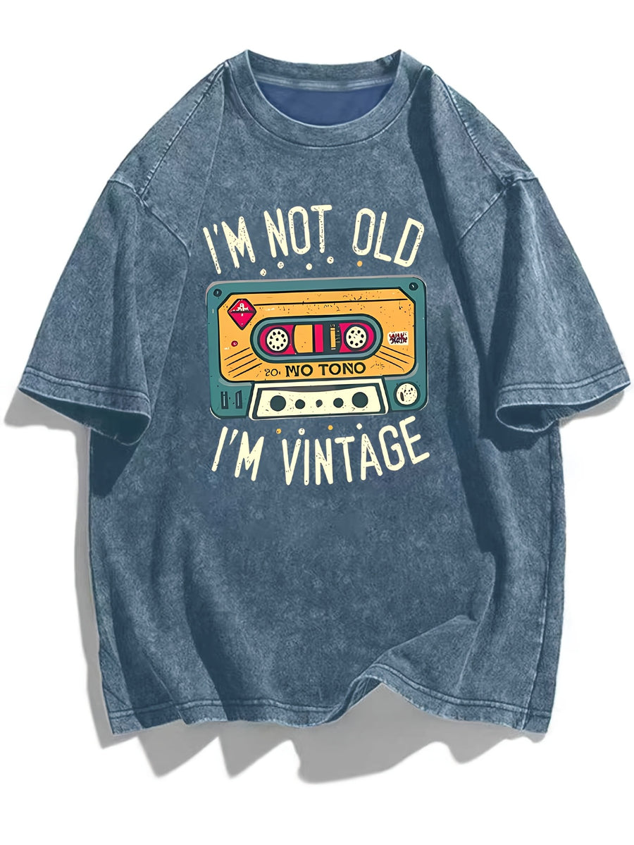 Plus Size, Retro Cassette Tape "I'm Not Old I'm Vintage" Print Women Washed T-Shirt - Blue