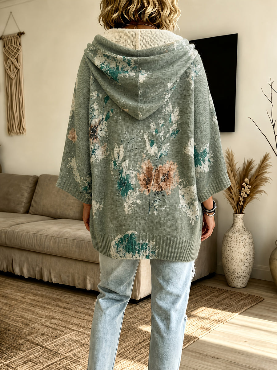 2026 Women'S Fall Winter Vintage Floral Print Hooded 3/4 Sleeve Cape Sweater Top with Drawstring Design, Lazy Style Fashion Versatile Casual Commute Vacation Pullover Top Women'S Clothing - Olive