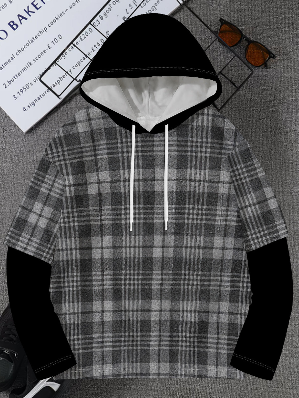 Vintage Style Men'S Hooded Patchwork Long-Sleeve Sweatshirt Fashion Plaid Design Personalized Color-Block Cuffs Casual Versatile Top Women'S Clothing - Mixed colors