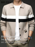 New Autumn Winter Men'S Striped Knit Cardigan, Ideal Gift for Dad And Husband, Lapel Collar Button Design, Soft Comfortable Knit Sweater, Minimal Elegant Versatile Top Cardigan Coat for Daily Outing Business Casual Camping Wear - Camel